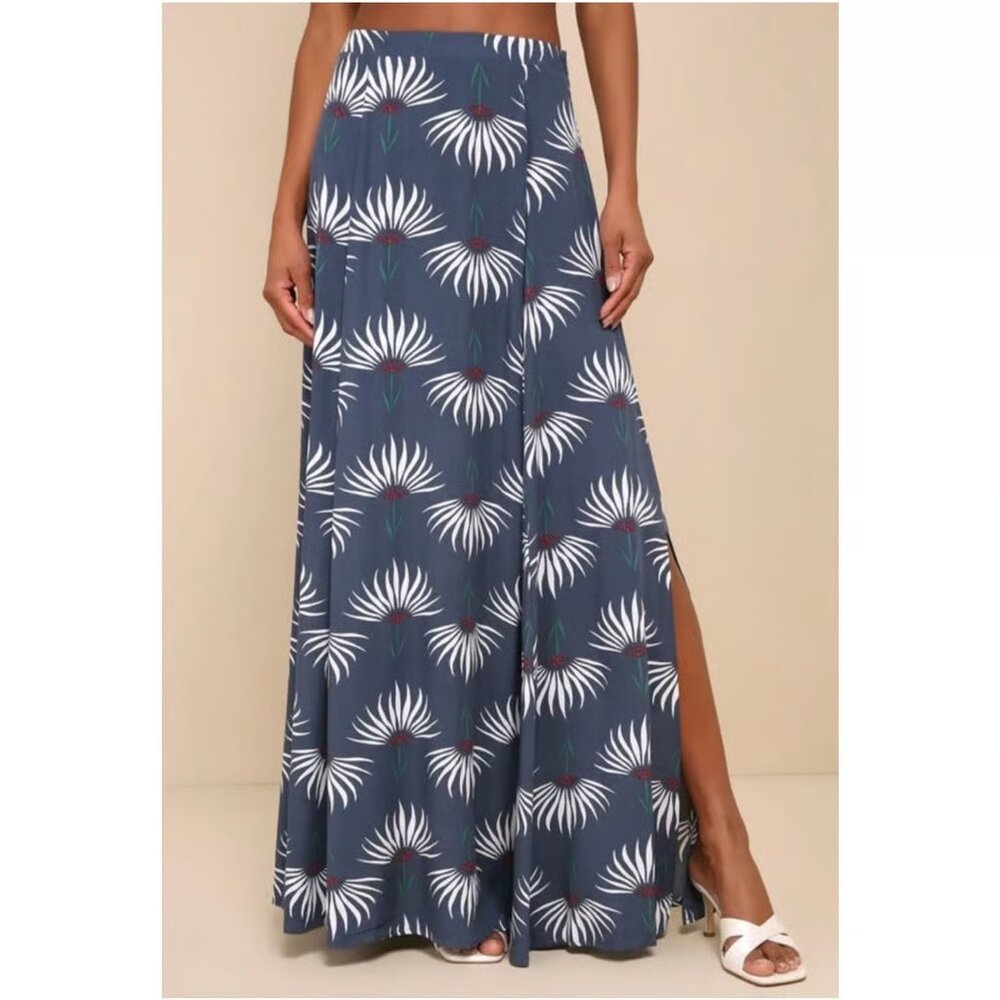 Lulus Maxi Skirt Women's XL Dusty Blue White Floral Print Rayon Side Slit Beach